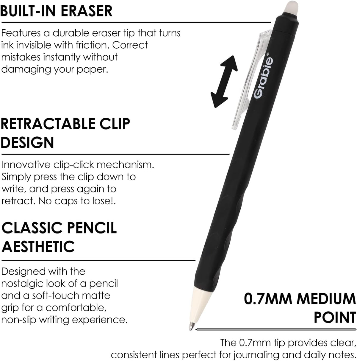 Grabie Erasable Gel Pens, 6 Pack Black Blue Red 0.7 mm Medium Point