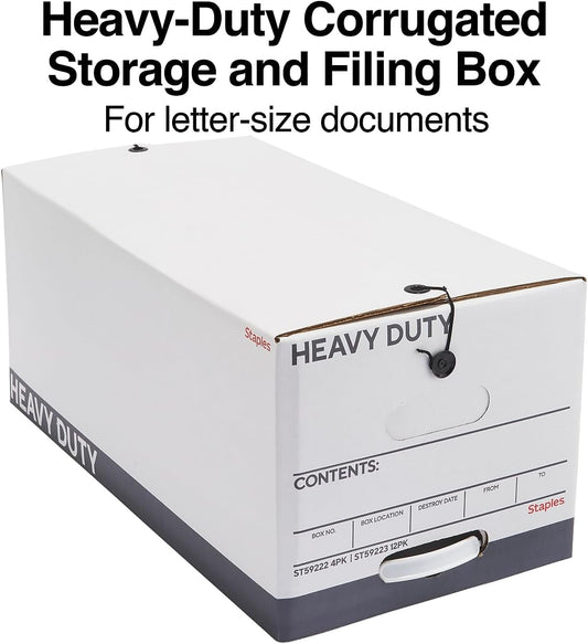 Staples Storage & Filing Box, Letter Size, Stackable, 4-Pack, White/Gray