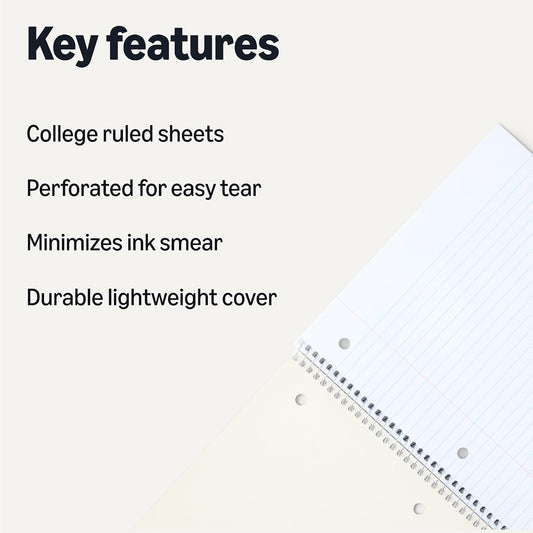 Amazon Basics College-Ruled Spiral Notebooks, 70 Sheets, 10.5" x 8", Perforated Pages, Assorted Pastel Solid Colors, 5-Pack