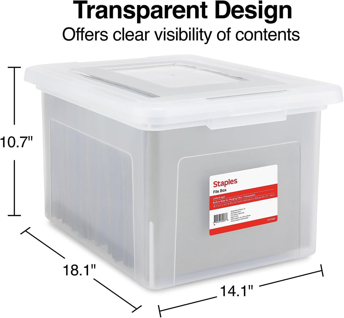 Staples Hanging File Folder Box, Storage Bin Organizer, Snap Lid, Clear