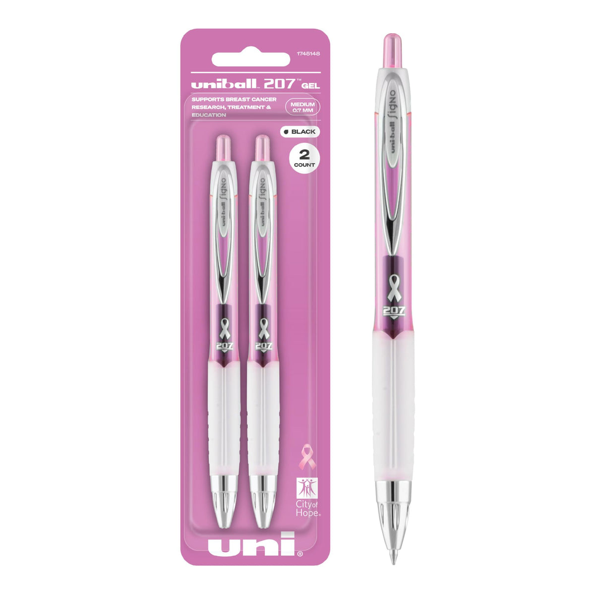 uniball™ 207 Gel Pens, Black Ink, 0.7mm Medium Point, Retractable, 4 Count