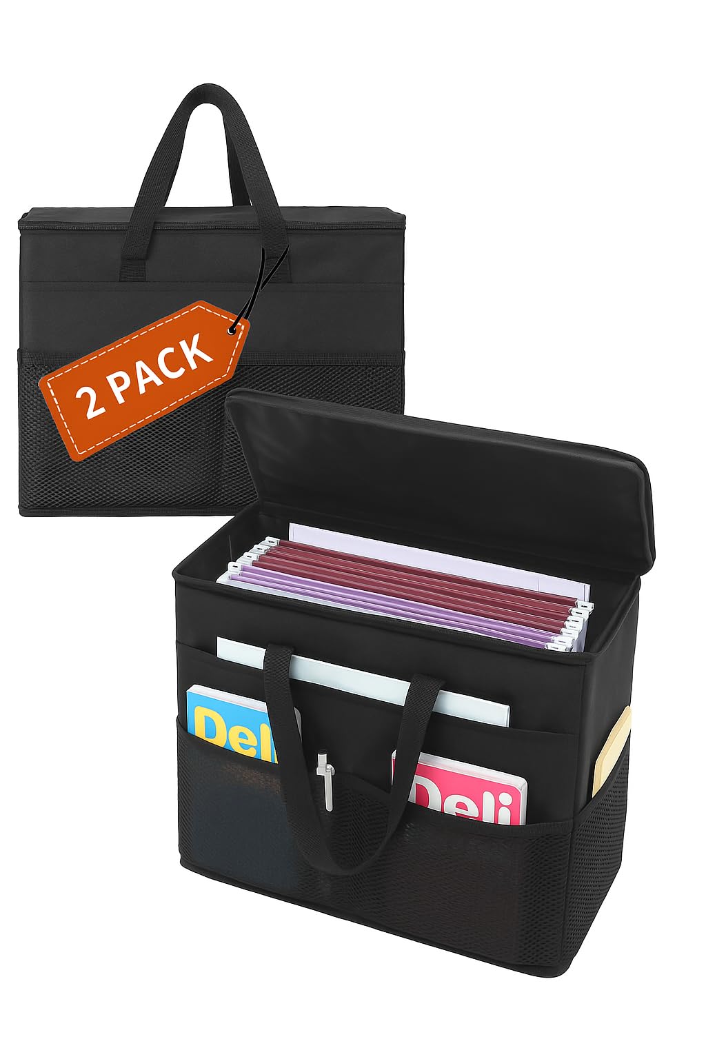 Qozary 2 Pack File Folder Organizer Box-Hanging File Tote Bag With Lids, Collapsible Portable Filing Organizer Box With Handle, Document Storage Bag For Office,Home,Travel, School