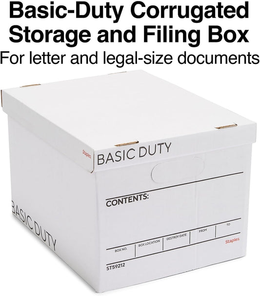 Staples Storage & Filing Box, Basic-Duty with Handles & Removeable Lid, Letter & Legal Size Documents, Stackable, 20-Pack, White/Black