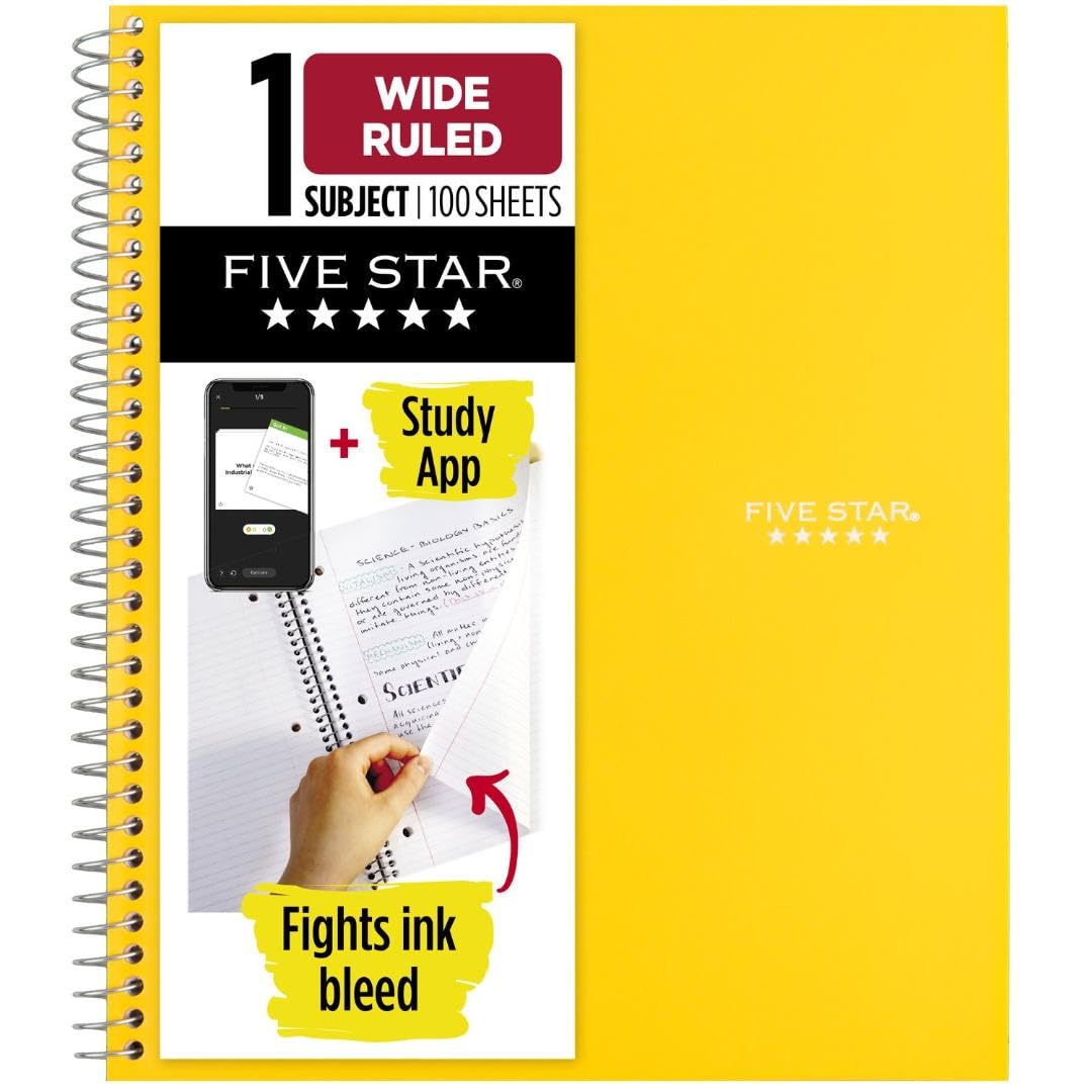 Five Star Spiral Notebook + Study App, 1 Subject, Wide Ruled Paper, 8" x 10-1/2", 100 Sheets, Fights Ink Bleed, Water Resistant Cover, Tidewater Blue (72875)