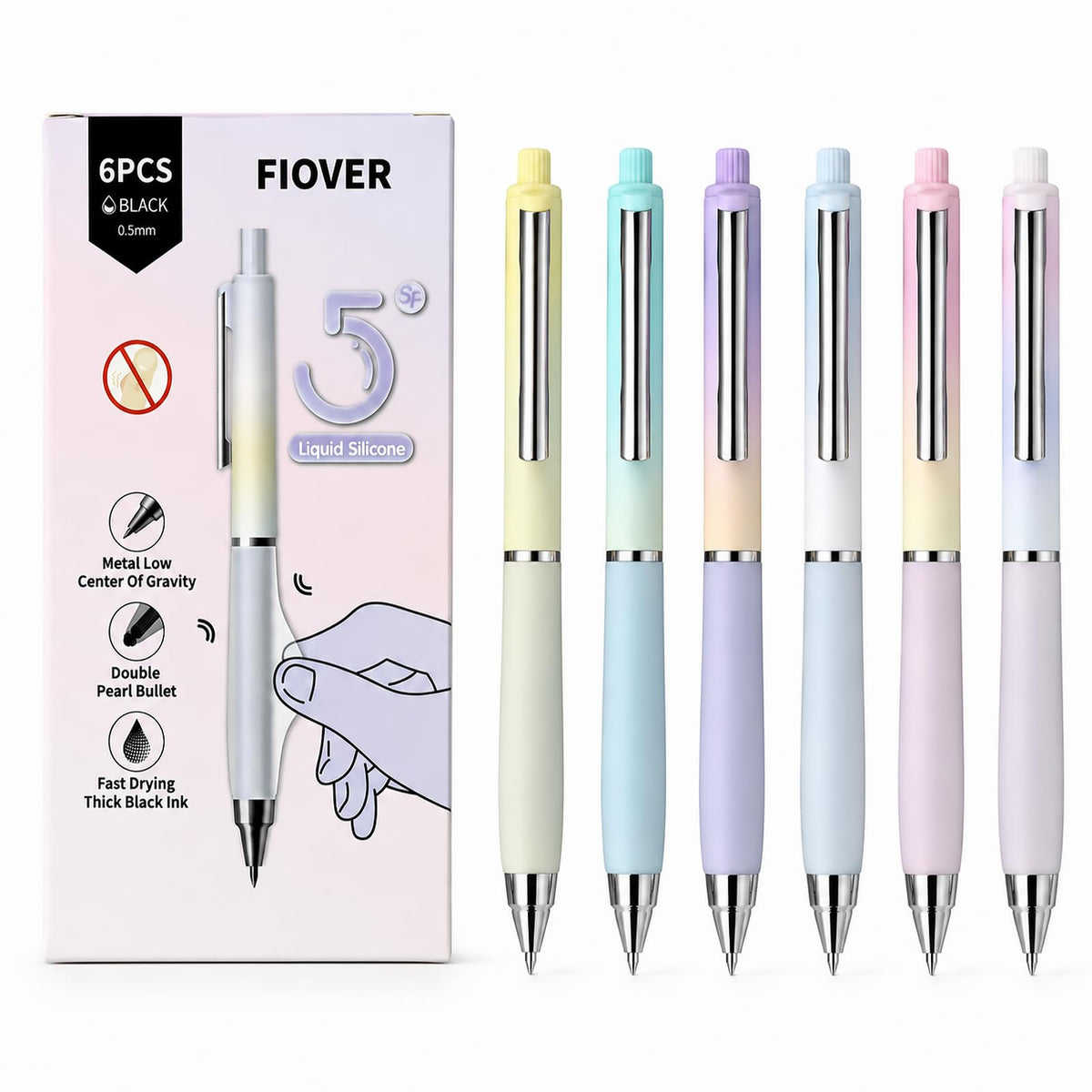 FIOVER 6 Pack 0.5mm Black Gel Pens, Quick Dry Fine Tip Pens