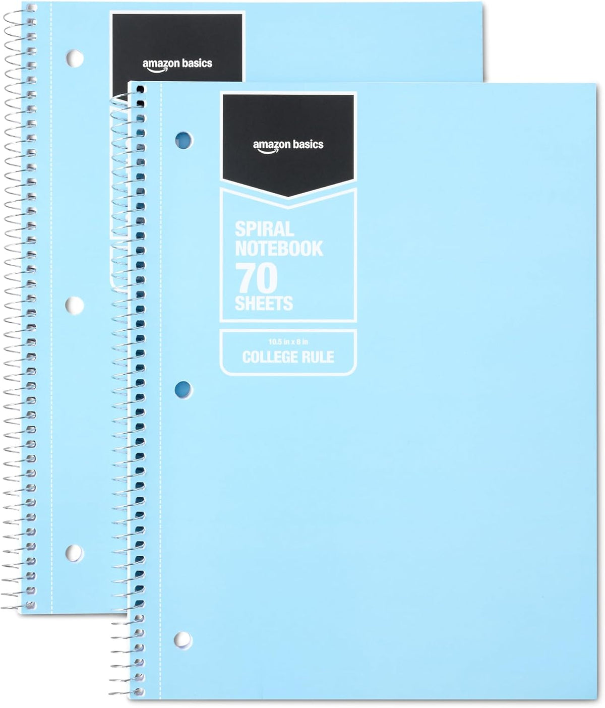 Amazon Basics Wide-Ruled Spiral Notebooks, 8" x 10-1/2", 70 Sheets, Black, 2-Pack