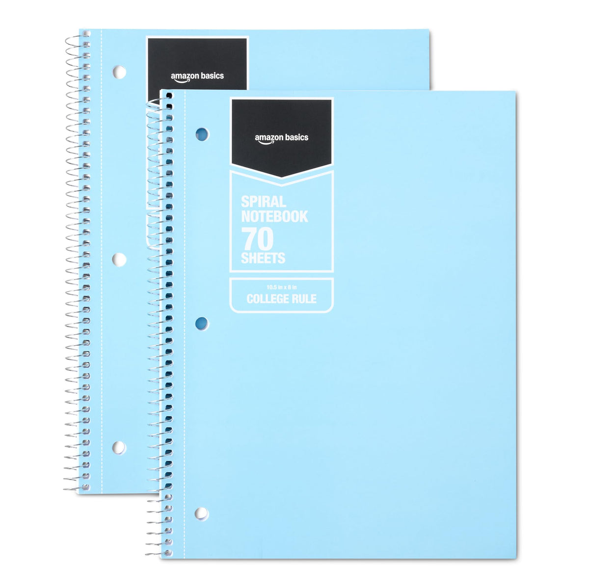 Amazon Basics Wide-Ruled Spiral Notebooks, 8" x 10-1/2", 70 Sheets, Black, 2-Pack