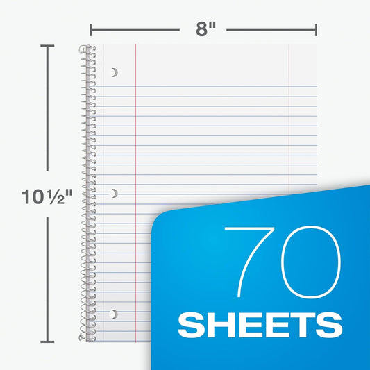 Oxford Spiral Notebook, 6 Pack, 1 Subject, Wide Ruled Paper, Notebooks for School, 8 x 10.5 Inches, 70 Sheets, Assorted Colors, Back to School Supplies (65010)