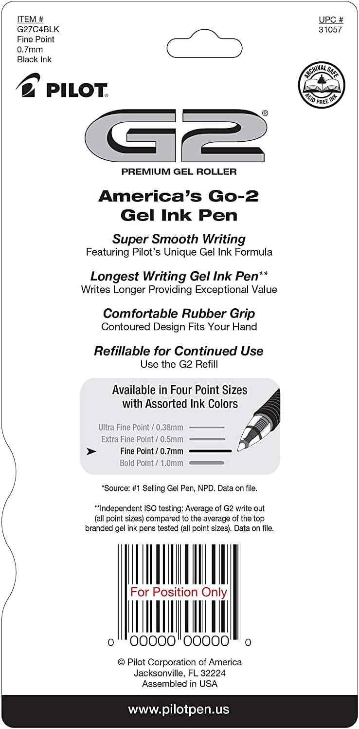 PILOT G2 Premium Gel Pens, Fine Point 0.7mm, Black Ink, 4-Pack