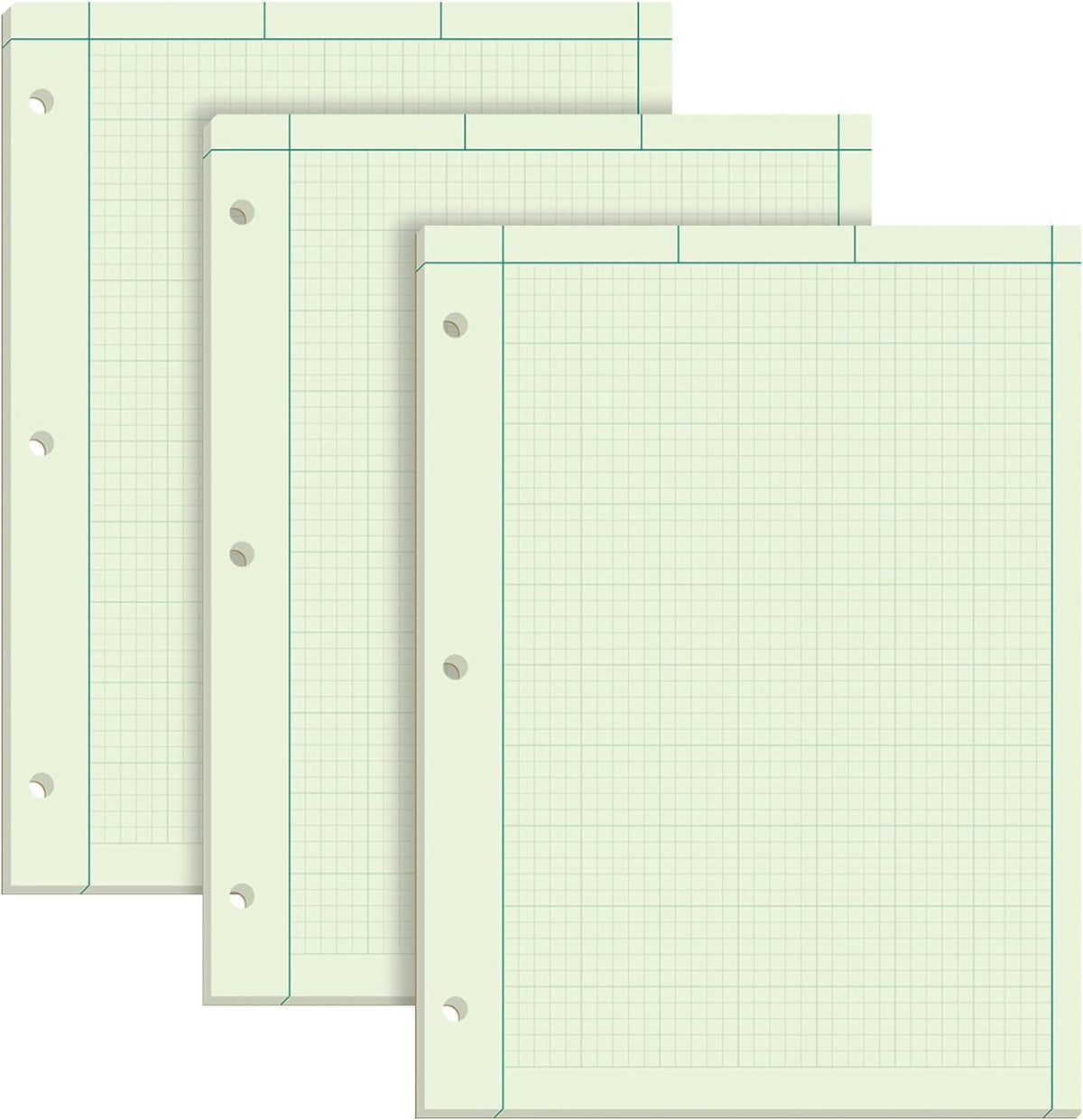 TOPS Engineering Notebooks, Graph Notebooks, 3 Pk Quad Ruled Pad, 8-1/2" x 11", Glue Top, 5 x 5 Graph Rule on Back, Green Tint Paper, 3-Hole Punched, 100 Sheets per Pad (35507A)
