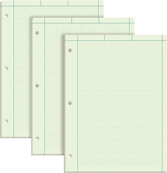 TOPS Engineering Notebooks, Graph Notebooks, 3 Pk Quad Ruled Pad, 8-1/2" x 11", Glue Top, 5 x 5 Graph Rule on Back, Green Tint Paper, 3-Hole Punched, 100 Sheets per Pad (35507A)