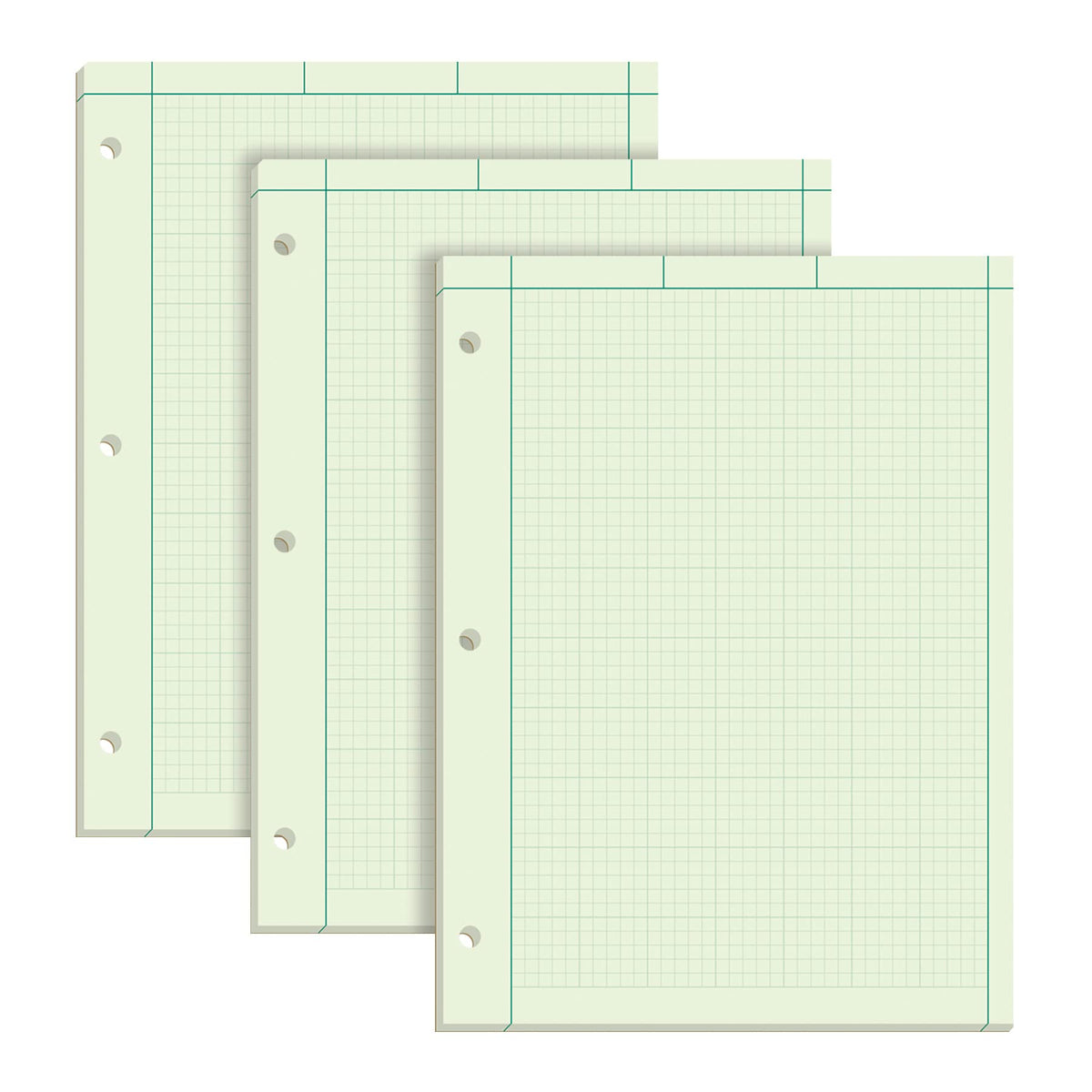 TOPS Engineering Notebooks, Graph Notebooks, 3 Pk Quad Ruled Pad, 8-1/2" x 11", Glue Top, 5 x 5 Graph Rule on Back, Green Tint Paper, 3-Hole Punched, 100 Sheets per Pad (35507A)