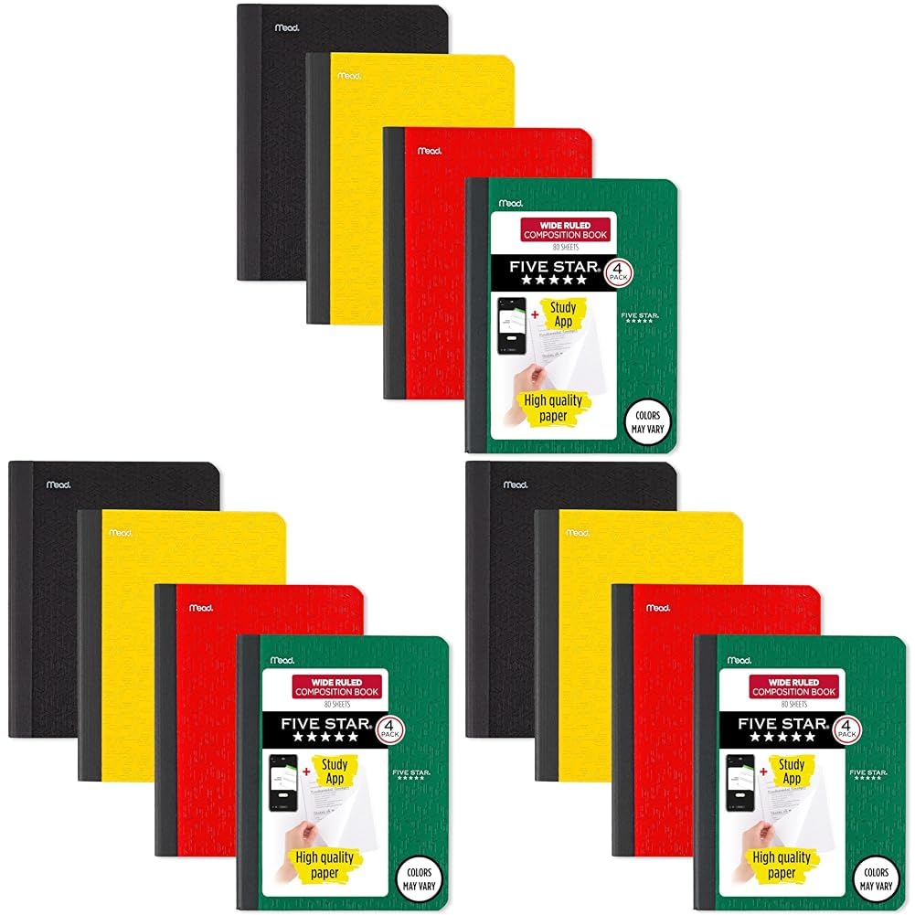 Five Star Composition Book + Study App, 4 Pack, Wide Ruled Paper, 7-1/2" x 9-3/4", 80 Sheets, Forest Green, Tidewater Blue, Fire Red and Harvest Yellow (950033B-ECM)