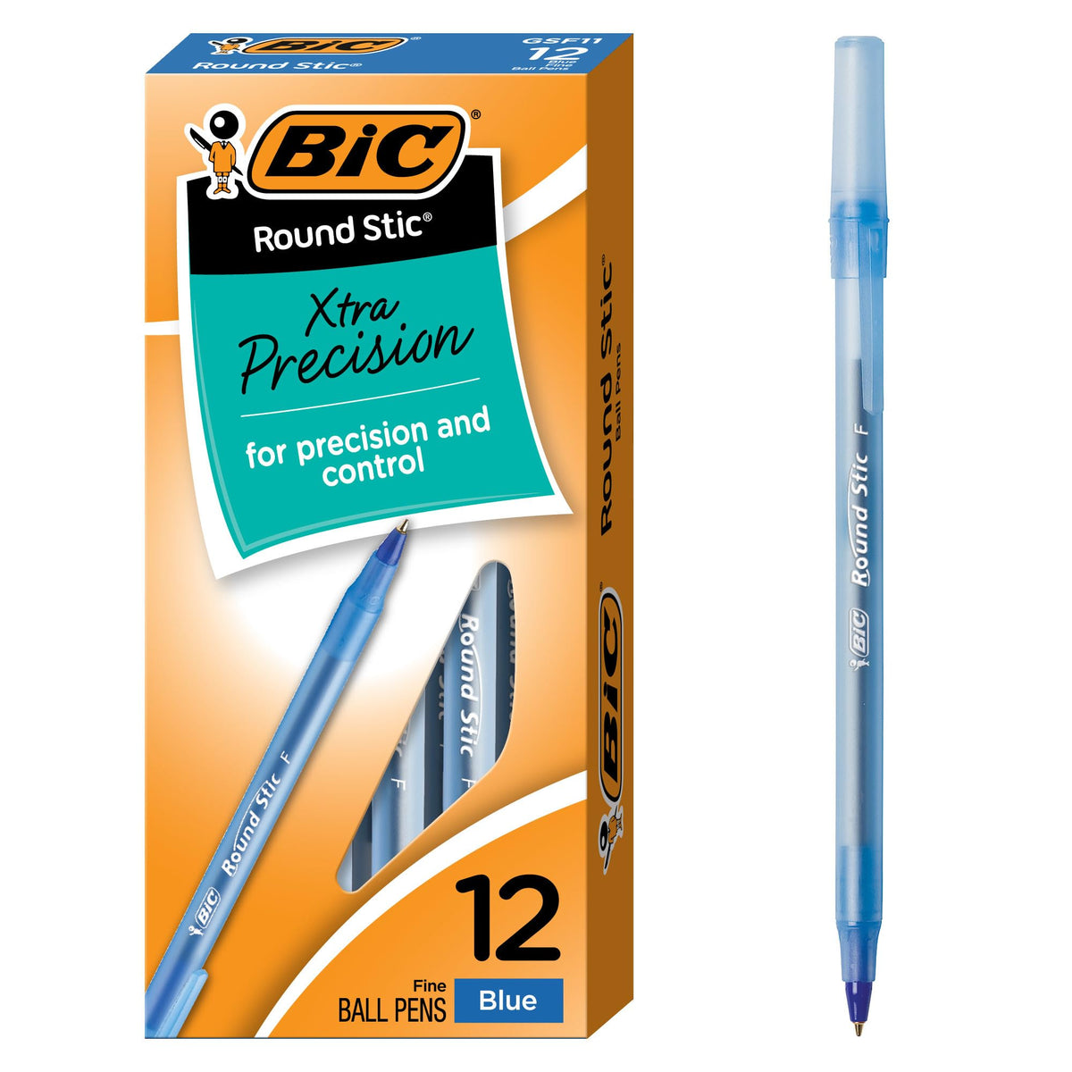 BIC Round Stic Ball Pen, Fine Point, 0.8mm, Black, 12 Pens (GSF11-Blk)