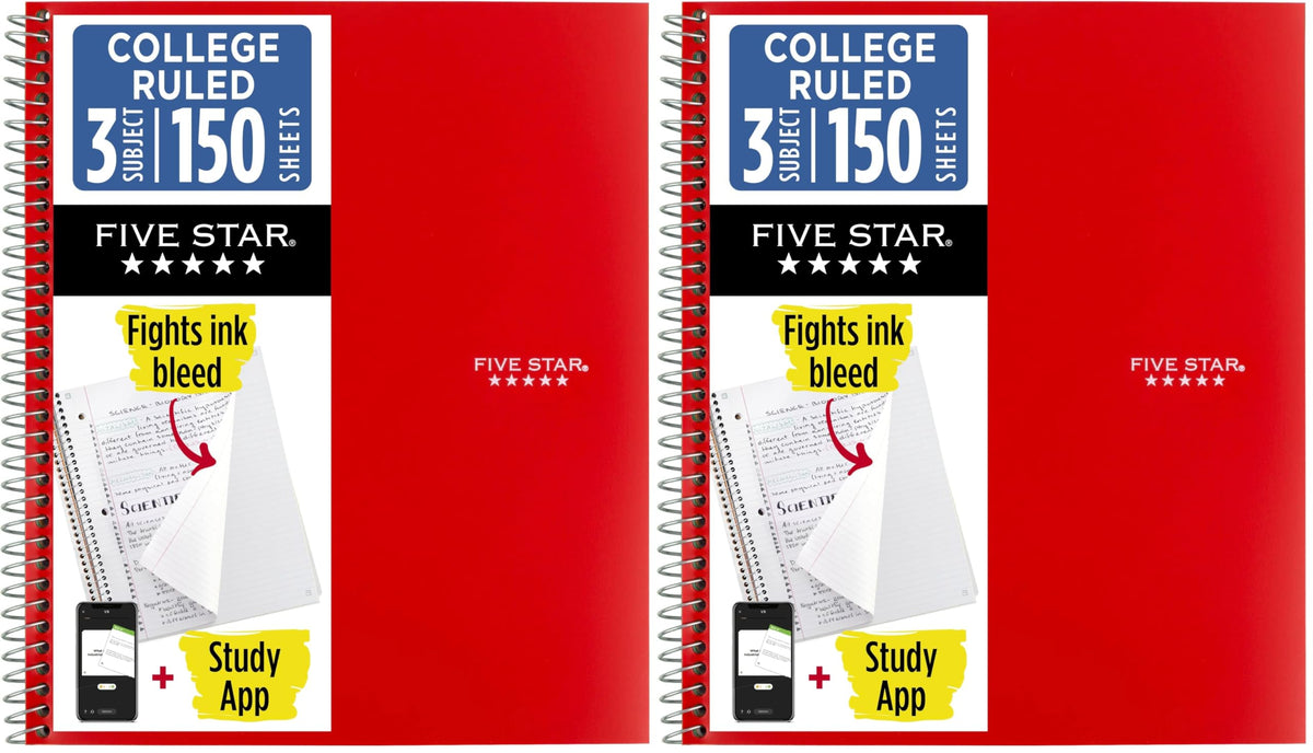 Five Star Spiral Notebook + Study App, 3 Subject, College Ruled Paper, 8-1/2" x 11", 150 Sheets, Fights Ink Bleed, Water Resistant Cover, White (72464)