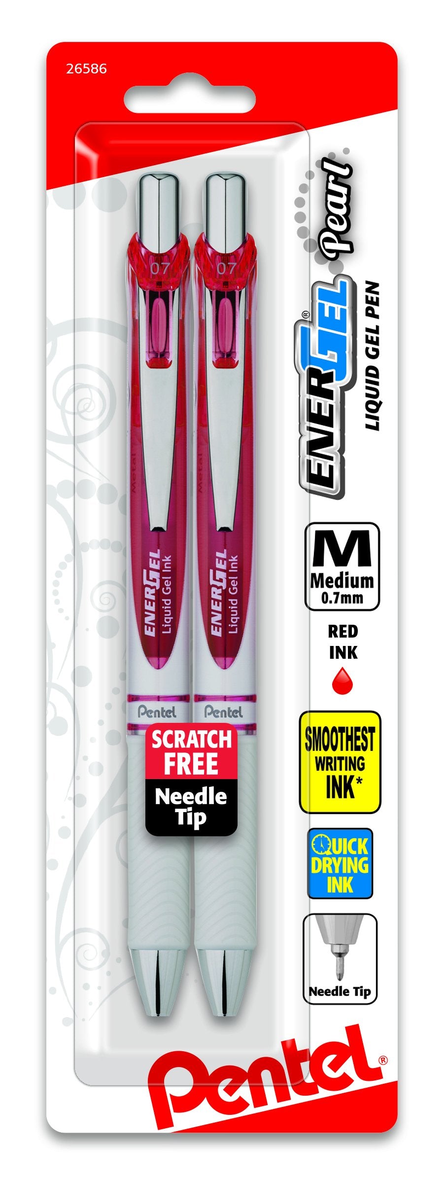 Pentel EnerGel Pearl RTX Retractable Liquid Gel Pen, (0.7mm), Medium Line, Needle Tip, Black Ink, Pack of 2 (BLN77WBP2A)