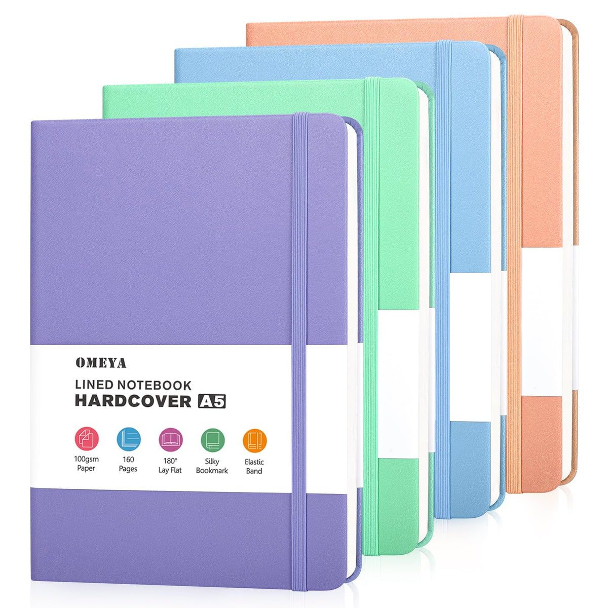 OMEYA Hardcover Journal Notebooks for Work: 4 Pack, A5 100gsm Lined Paper