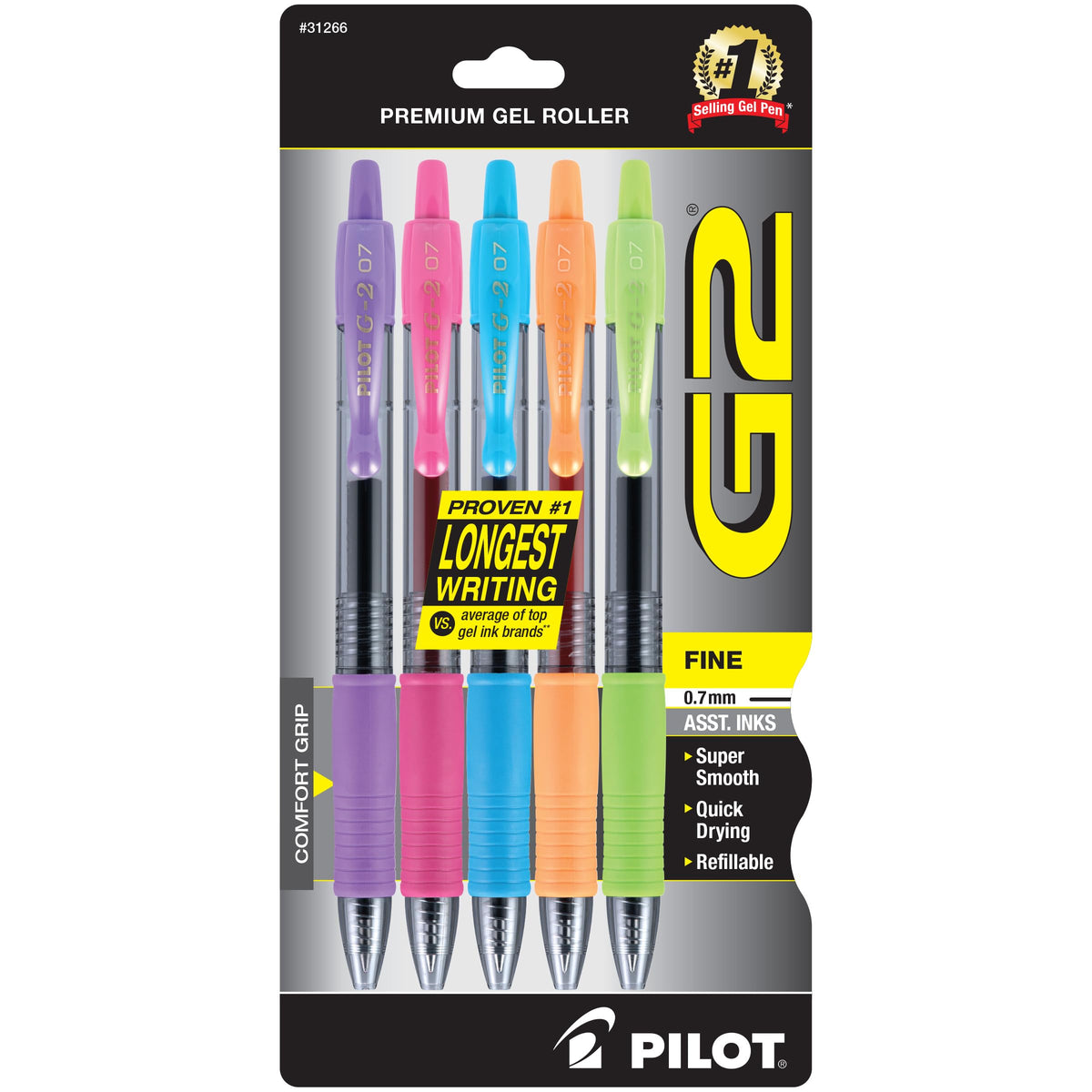 PILOT G2 Premium Gel Pens, Fine Point 0.7mm, Black Ink, 5-Pack