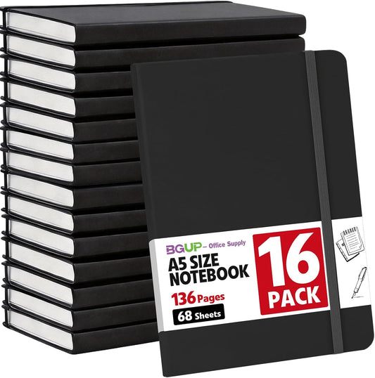 16 Pack Lined Journal Notebook for Work, 136 Pages, Medium 5.5 in x 8.3 in, A5 College Ruled, Hardcover Journaling Notebooks for Writing, Note Taking, Fit for Business Work School Home (Black)
