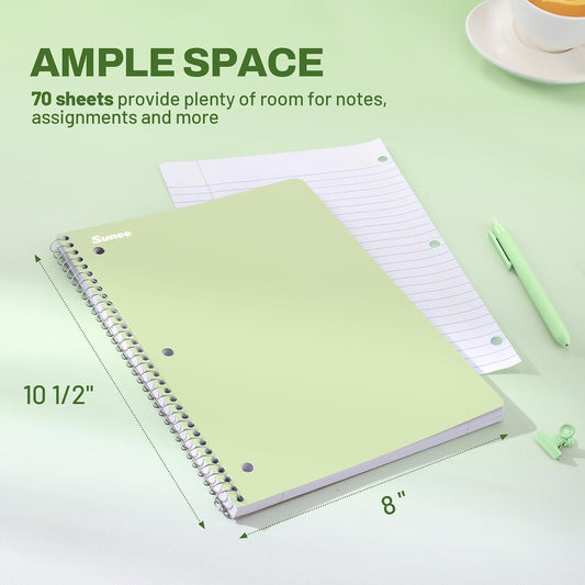SUNEE Spiral Notebooks, 6 Pack, 1-Subject, College Ruled Paper, 8" x 10-1/2", 70 Sheets per Notebook, Assorted Aesthetic Colors Spiral Notebooks for School