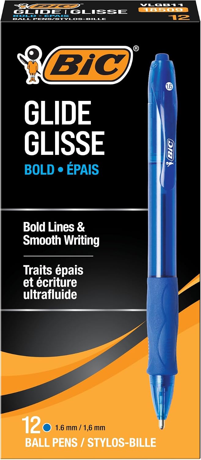 BIC Glide Bold Blue Ballpoint Pens, Bold Point, 1.6mm, 12-Count Pack
