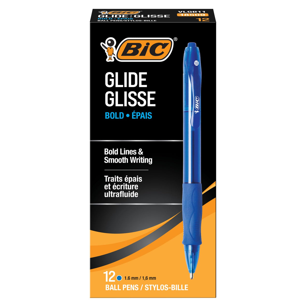 BIC Glide Bold Blue Ballpoint Pens, Bold Point, 1.6mm, 12-Count Pack