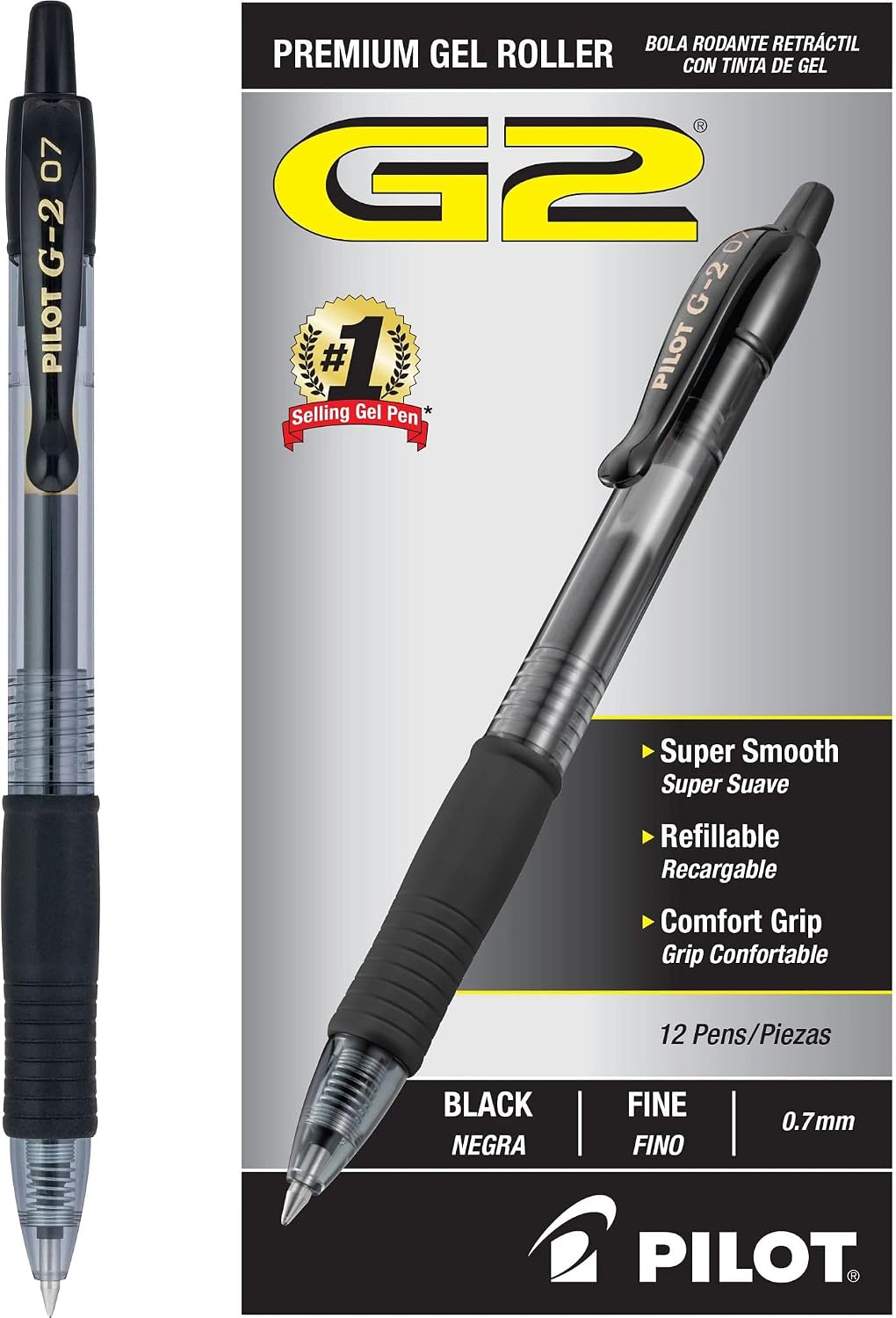PILOT G2 Premium Gel Pens, Fine Point 0.7mm, Black Ink, 12-Pack