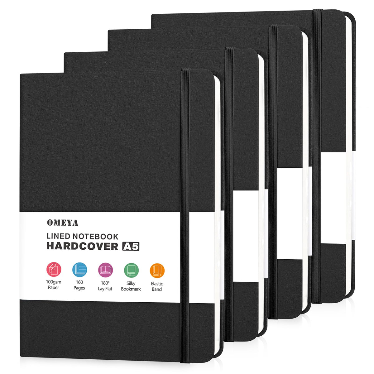 OMEYA Hardcover Journal Notebooks for Work: 4 Pack, A5 100gsm Lined Paper