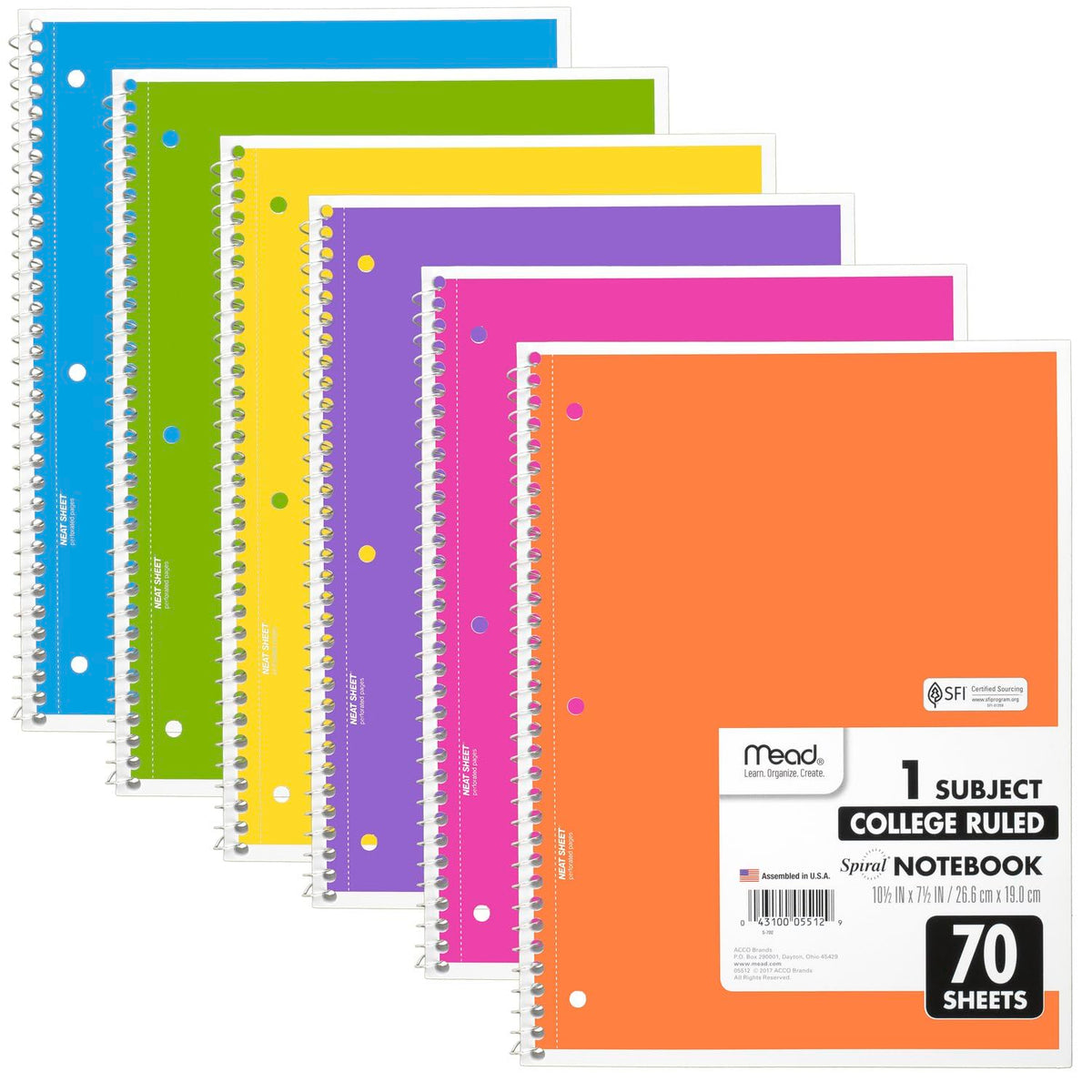 Mead Spiral Notebook, 6 Pack, 1 Subject, Wide Ruled Paper, 7-1/2" x 10-1/2", 70 Sheets per Notebook, Assorted Pastel Colors (930050-ECM)