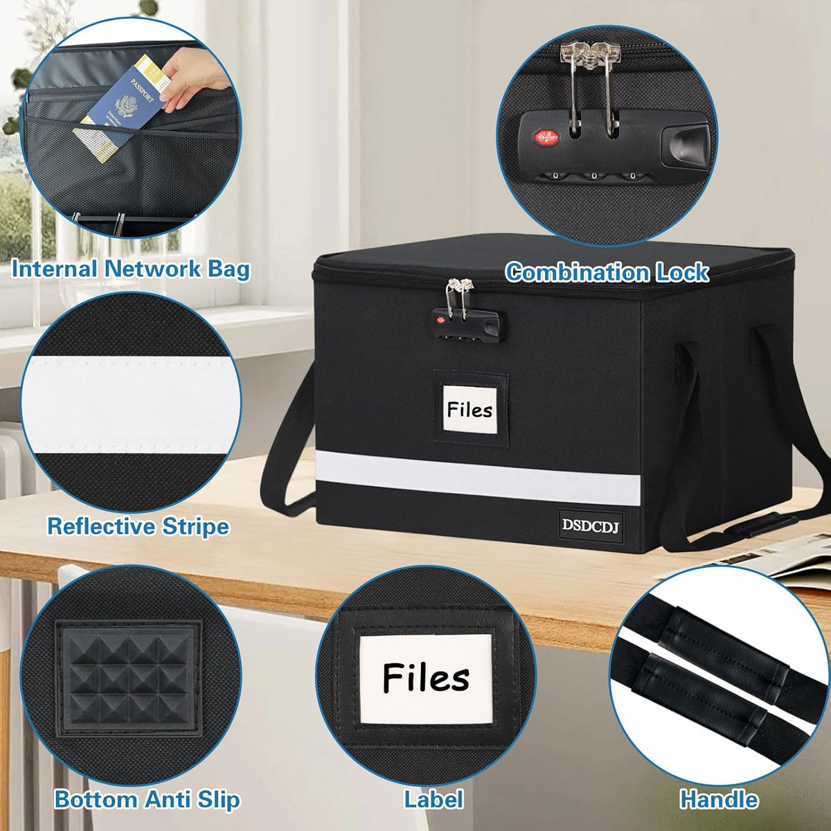 File Box with Lock - Portable File Organizer Box with Handle, Sturdy Important Document Organizer with Label, Slide, Reflective Strip for Hanging Letter/Legal Folder