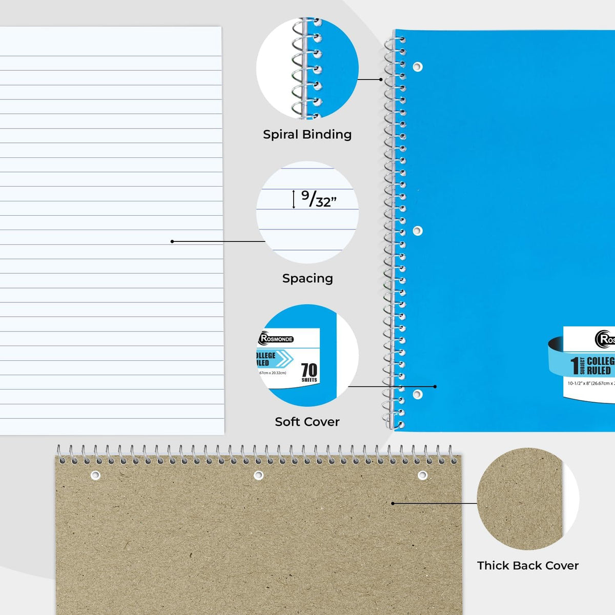 Rosmonde Spiral Notebook, 12 Pack, 1 Subject, College Ruled, 70 Sheets