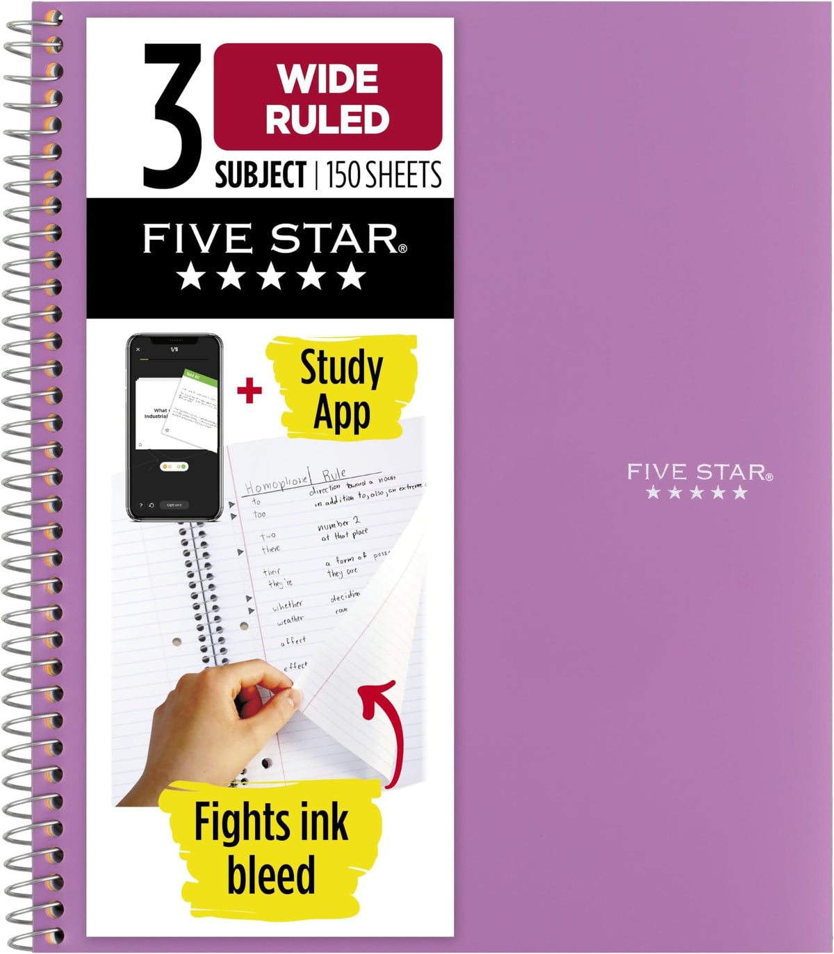 Five Star Spiral Notebook + Study App, 3 Subject, Wide Ruled Paper, 8" x 10-1/2", 150 Sheets, Fights Ink Bleed, Water Resistant Cover, Tidewater Blue (73184)
