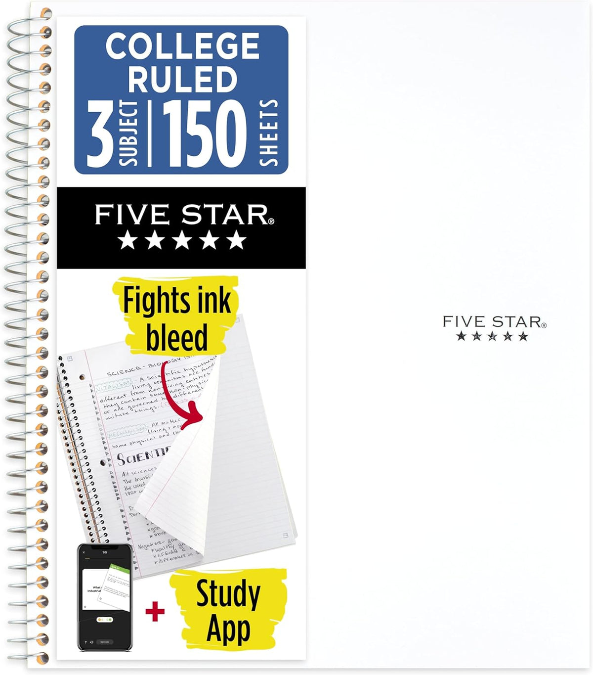Five Star Spiral Notebook + Study App, 3 Subject, College Ruled Paper, 8-1/2" x 11", 150 Sheets, Fights Ink Bleed, Water Resistant Cover, White (72464)