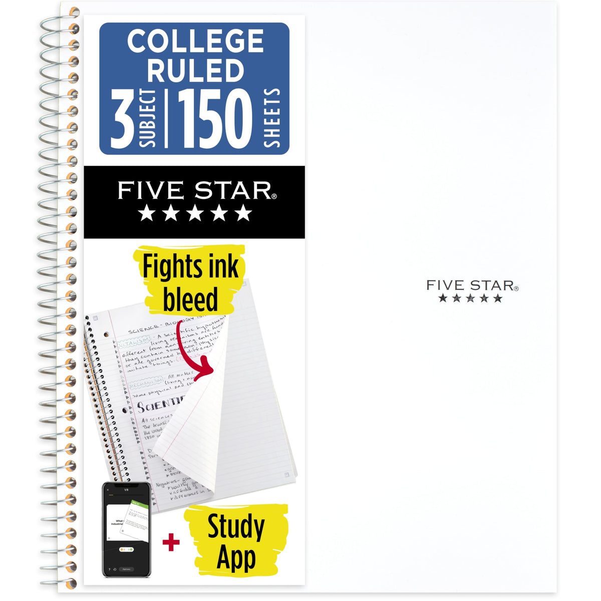 Five Star Spiral Notebook + Study App, 3 Subject, College Ruled Paper, 8-1/2" x 11", 150 Sheets, Fights Ink Bleed, Water Resistant Cover, White (72464)