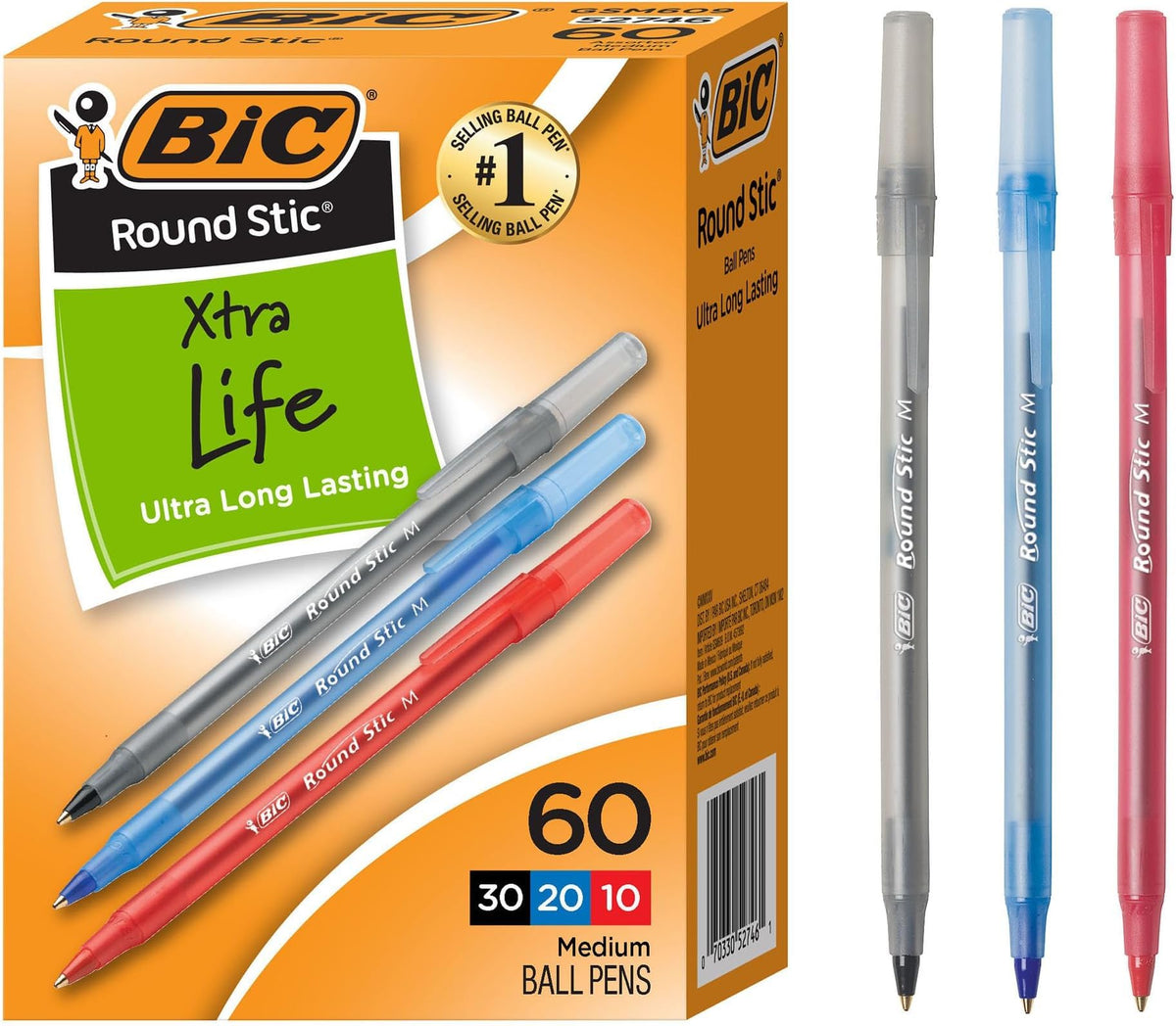 BIC Round Stic Xtra Life Ballpoint Pen, Ultra Long Lasting and Consistent Ink Flow, 60-Count in Black Ink