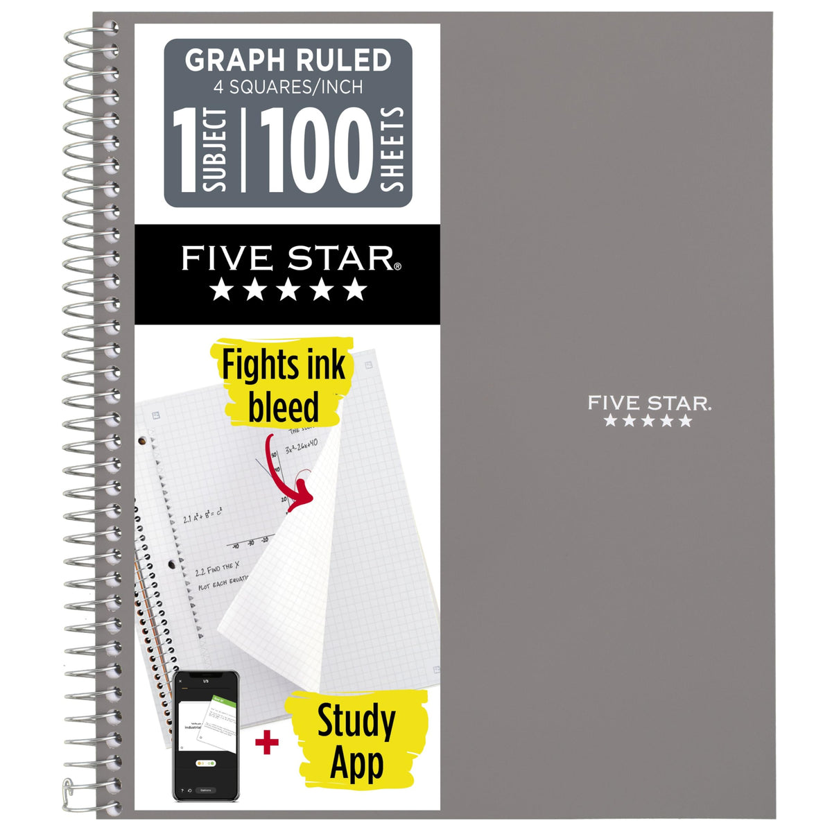 Five Star Spiral Notebook + Study App, 1 Subject, Graph Ruled Paper, 8-1/2" x 11", 100 Sheets, Fights Ink Bleed, Water Resistant Cover, Tidewater Blue (06190AA4)