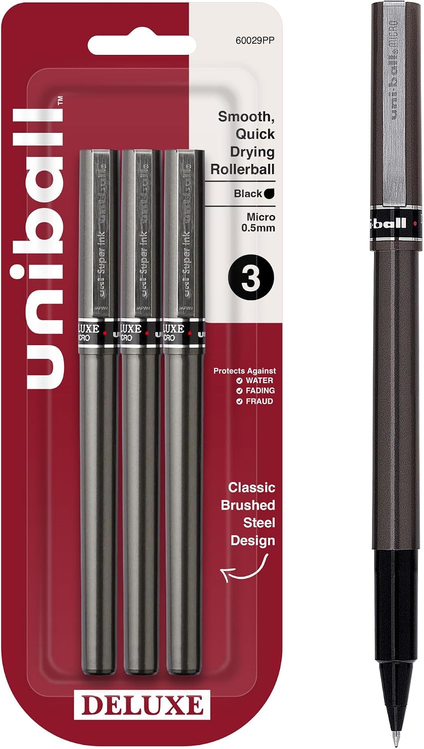uniball™ Deluxe Rollerball Pens, Micro Point (0.5mm), Black, 3 Pack