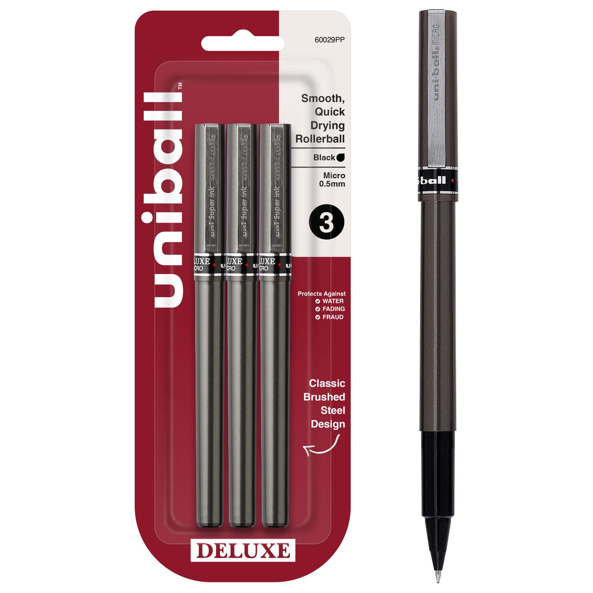 uniball™ Deluxe Rollerball Pens, Micro Point (0.5mm), Black, 3 Pack