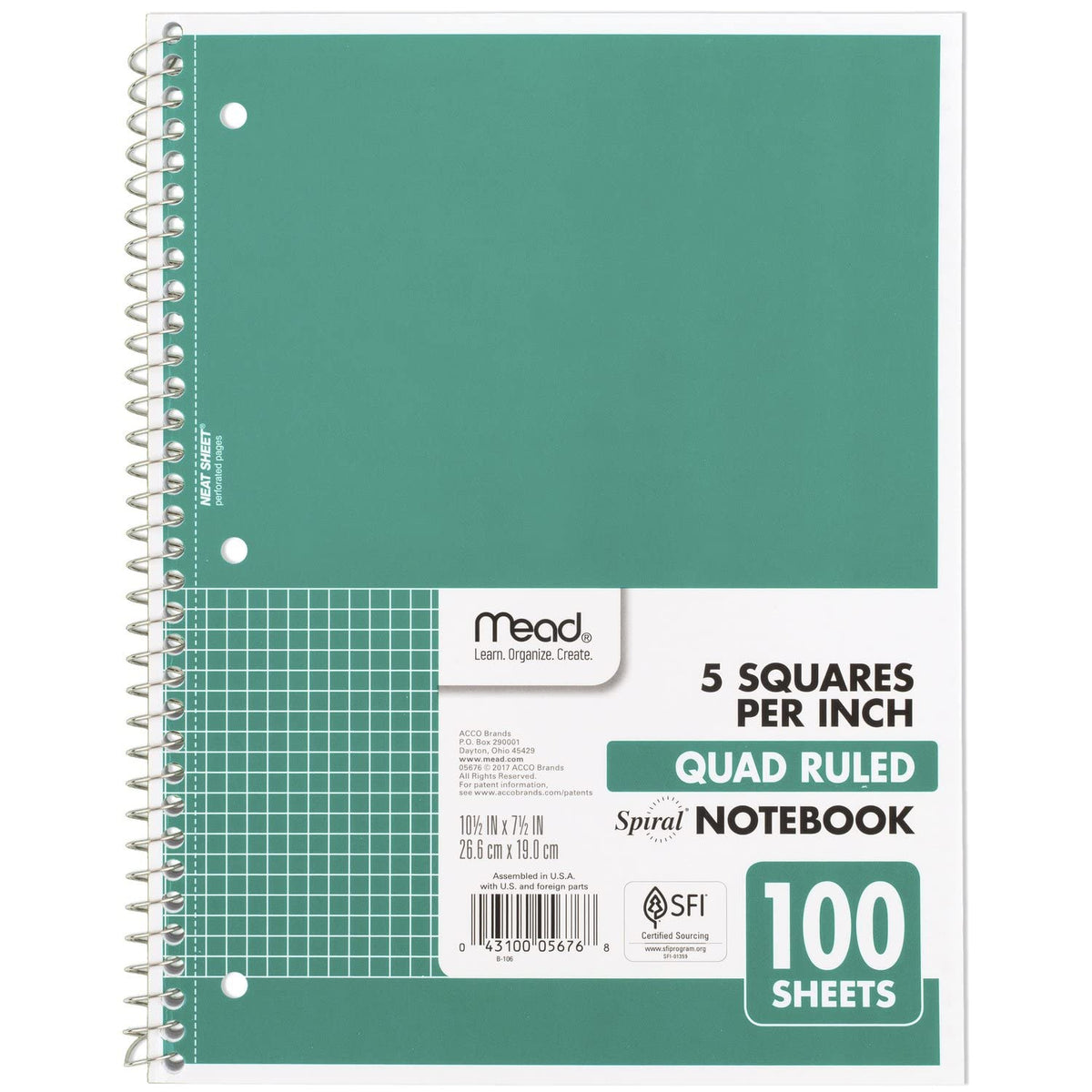 Mead Spiral Notebook, 1 Subject, Graph Ruled Paper, 7-1/2" x 10-1/2", 100 Sheets, Green (05676AC5)