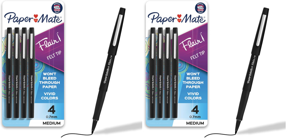 Paper Mate Flair Felt Tip Pens, Medium Point (0.7mm), Black, 4 Count