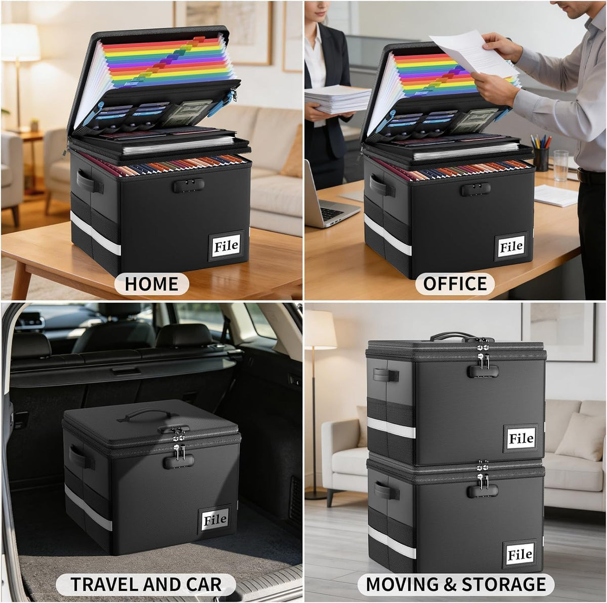 ENGPOW Fireproof Document Box with Locks and Accordion File Folder,Black