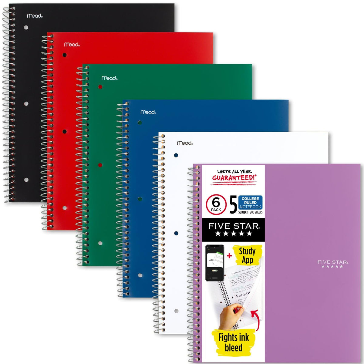 Five Star Spiral Notebook + Study App, 5 Subject, College Ruled Paper, 8.5" x 11", 200 Sheets, Green (Color May Vary) (72079)