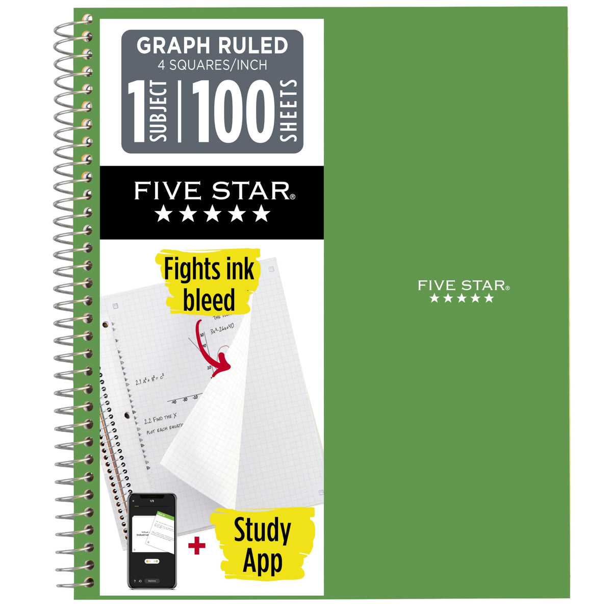 Five Star Spiral Notebook + Study App, 1 Subject, Graph Ruled Paper, 8-1/2" x 11", 100 Sheets, Fights Ink Bleed, Water Resistant Cover, Tidewater Blue (06190AA4)