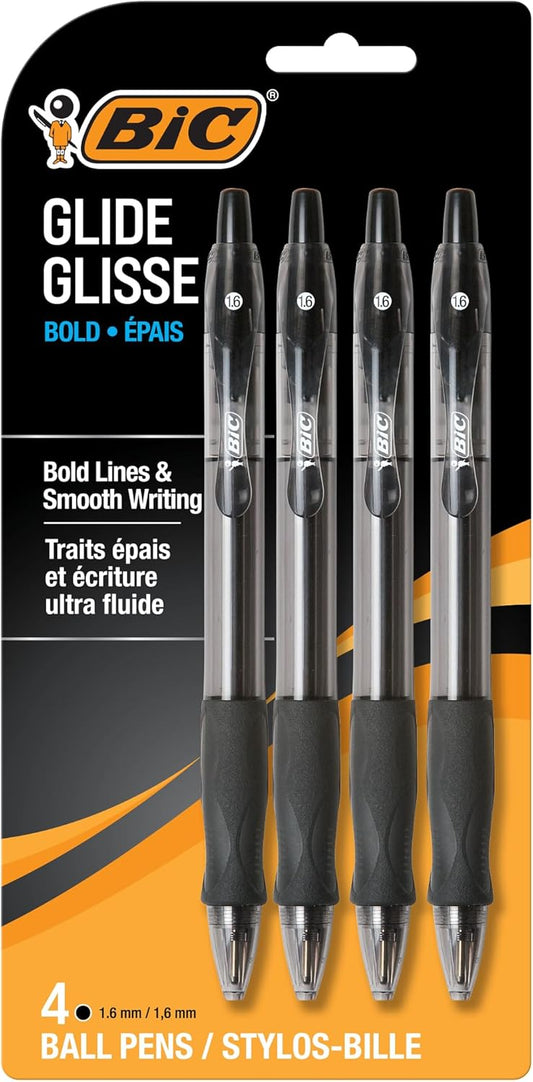 BIC Glide Bold Black Ballpoint Pens, Bold Point, 1.6mm, 4-Count Pack
