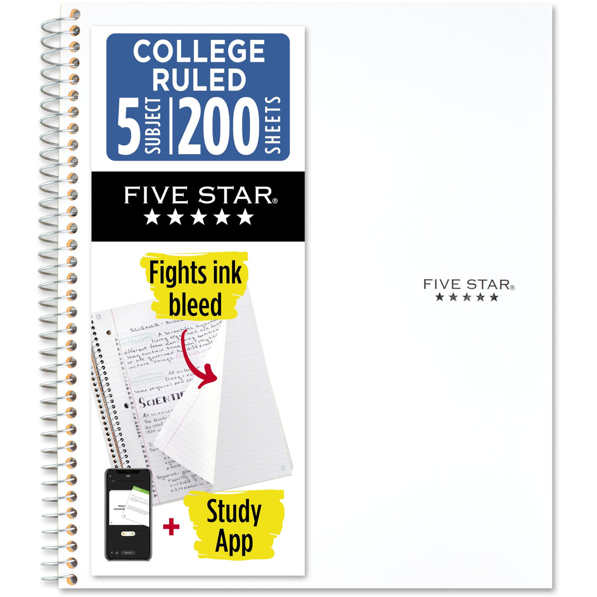 Five Star Spiral Notebook + Study App, 5 Subject, College Ruled Paper, 8-1/2" x 11", 200 Sheets, Fights Ink Bleed, Water Resistant Cover, Pacific Blue (73635)