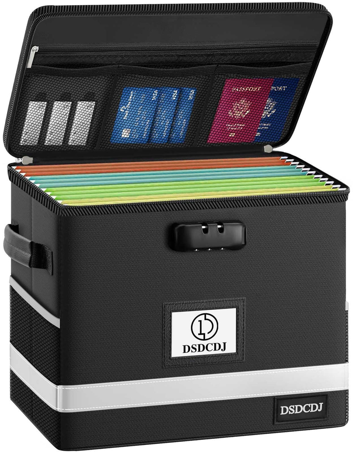 File Box with Lock - Portable File Organizer Box with Handle, Sturdy Important Document Organizer with Label, Slide, Reflective Strip for Hanging Letter/Legal Folder