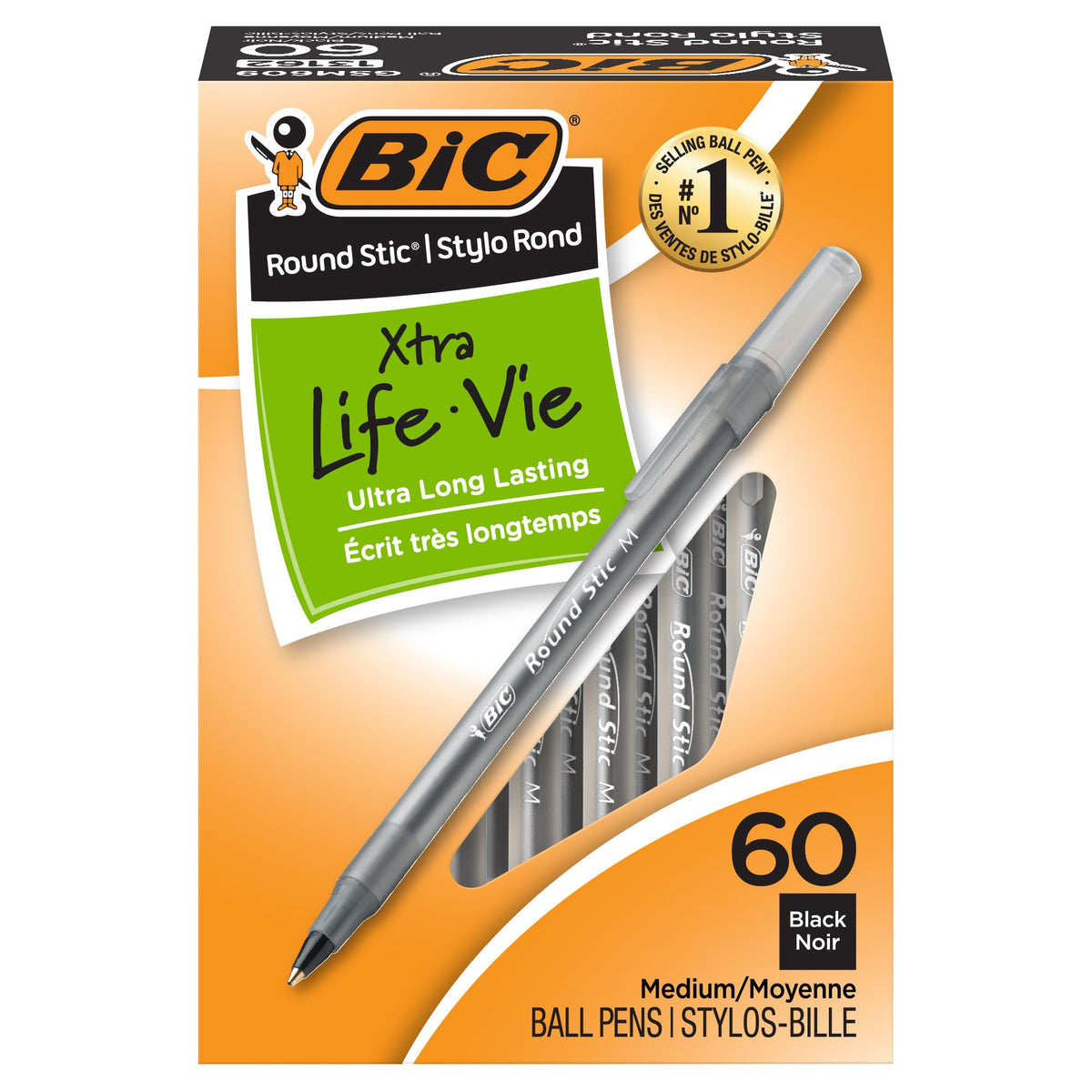 BIC Round Stic Xtra Life Ballpoint Pen, 1.0 mm Medium Point, Blue, 60-Count