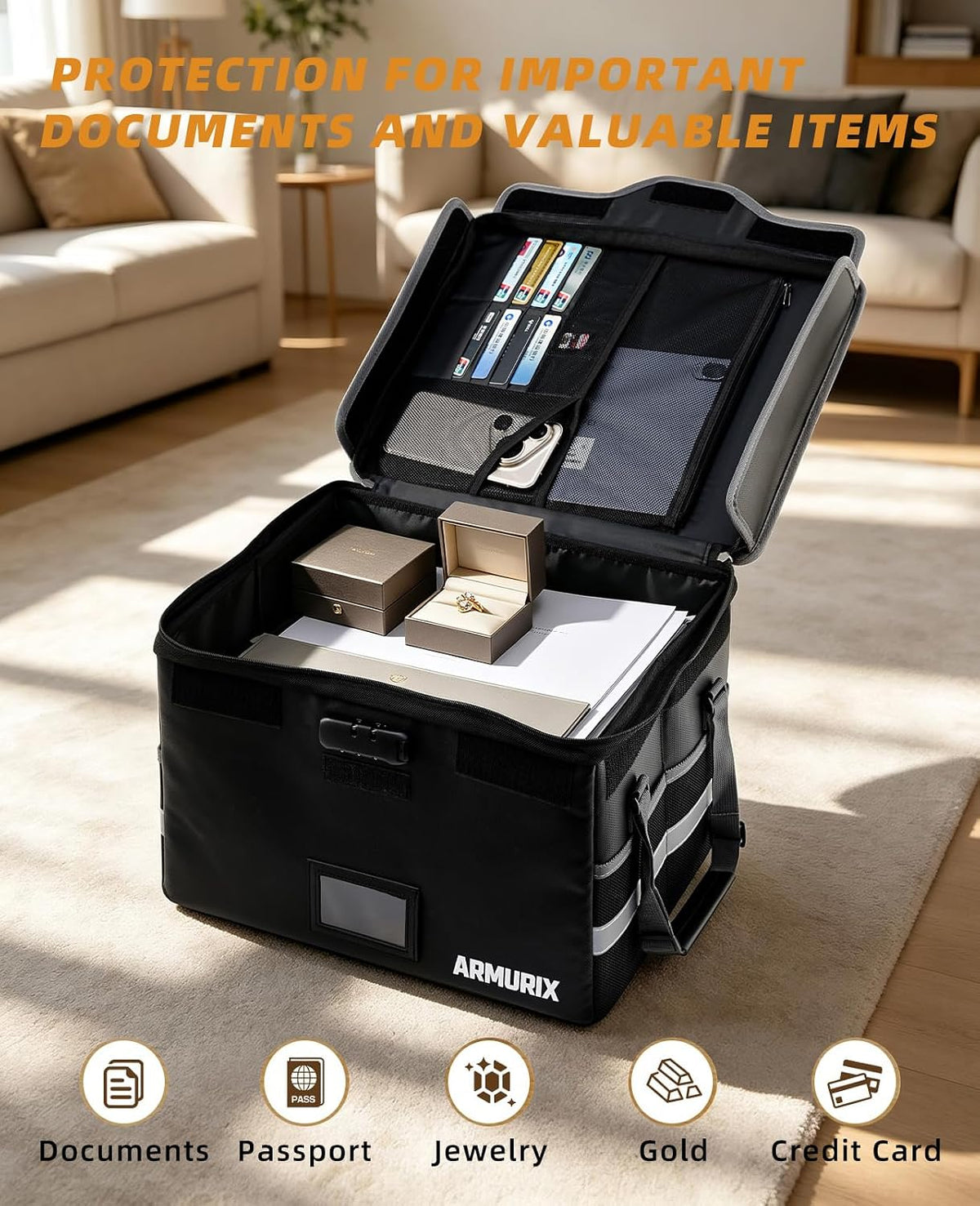 File Box with Lock, Fireproof Document Organizer Box with Lid & Handle, Portable Important File Folder Organizer, Collapsible Filing Storage Box for Home, Office & Travel
