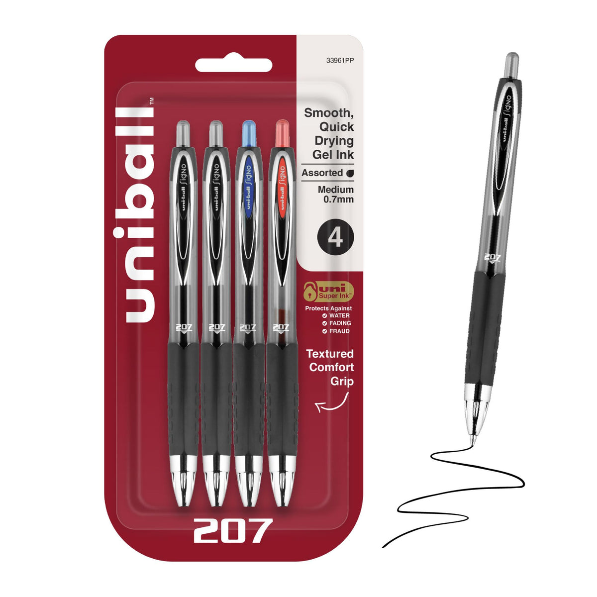 uniball™ 207 Gel Pens, Black Ink, 0.7mm Medium Point, Retractable, 4 Count