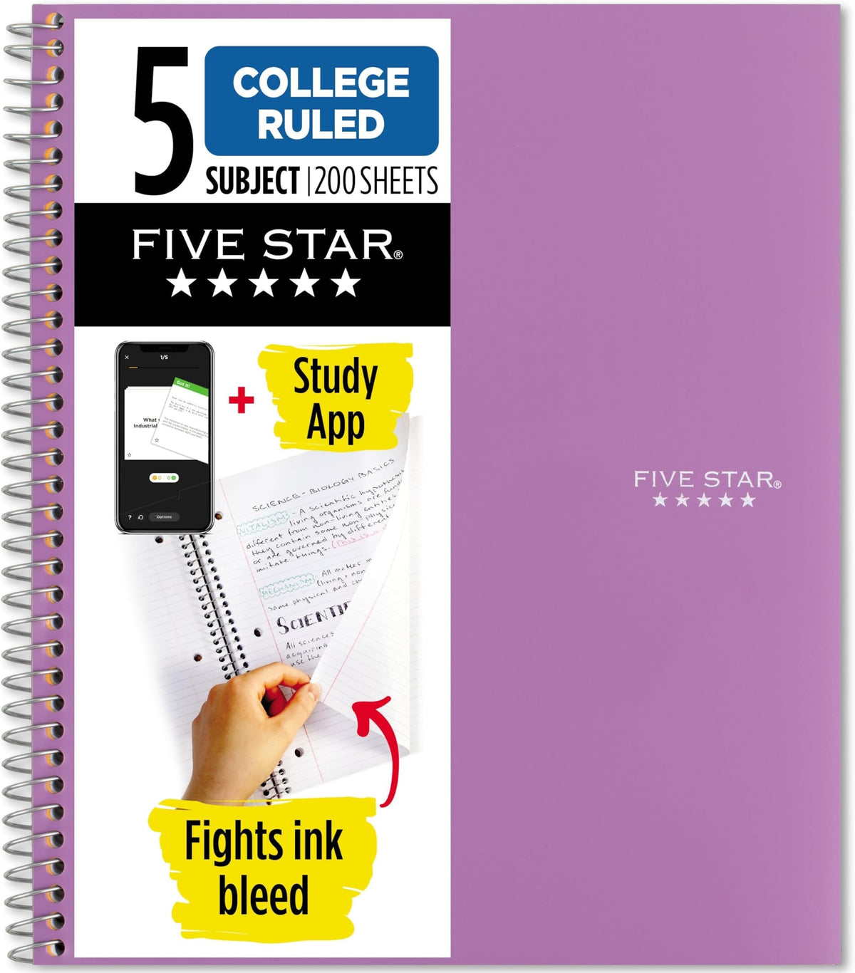 Five Star Spiral Notebook + Study App, 5 Subject, College Ruled Paper, 8-1/2" x 11", 200 Sheets, Fights Ink Bleed, Water Resistant Cover, Amethyst Purple (38748)